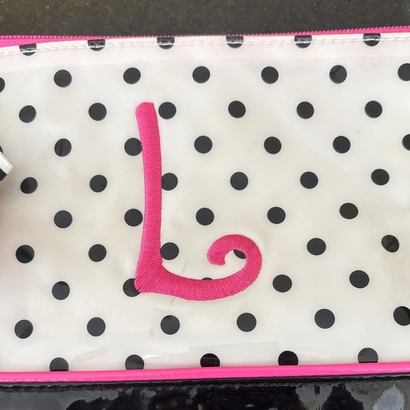 Mud Pie Black & White All PVC Polka Dot Cosmetic Bag Clutch Monogramed Pink “L” - Picture 3 of 8